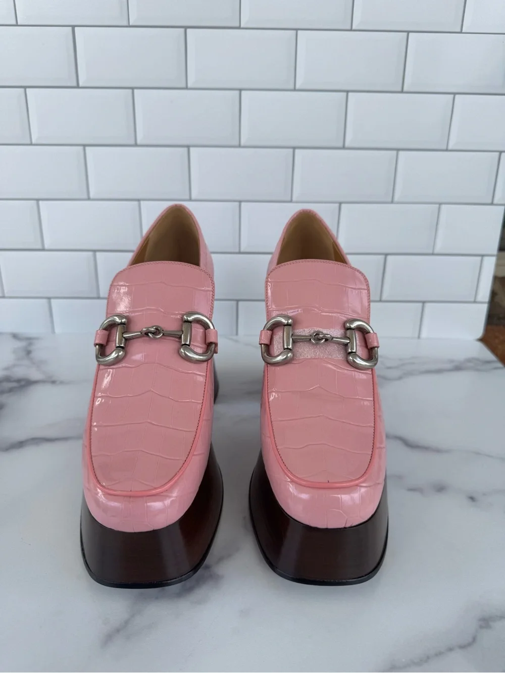 Gucci Pink Croc-Embossed Platform Loafers with Silver Horsebit